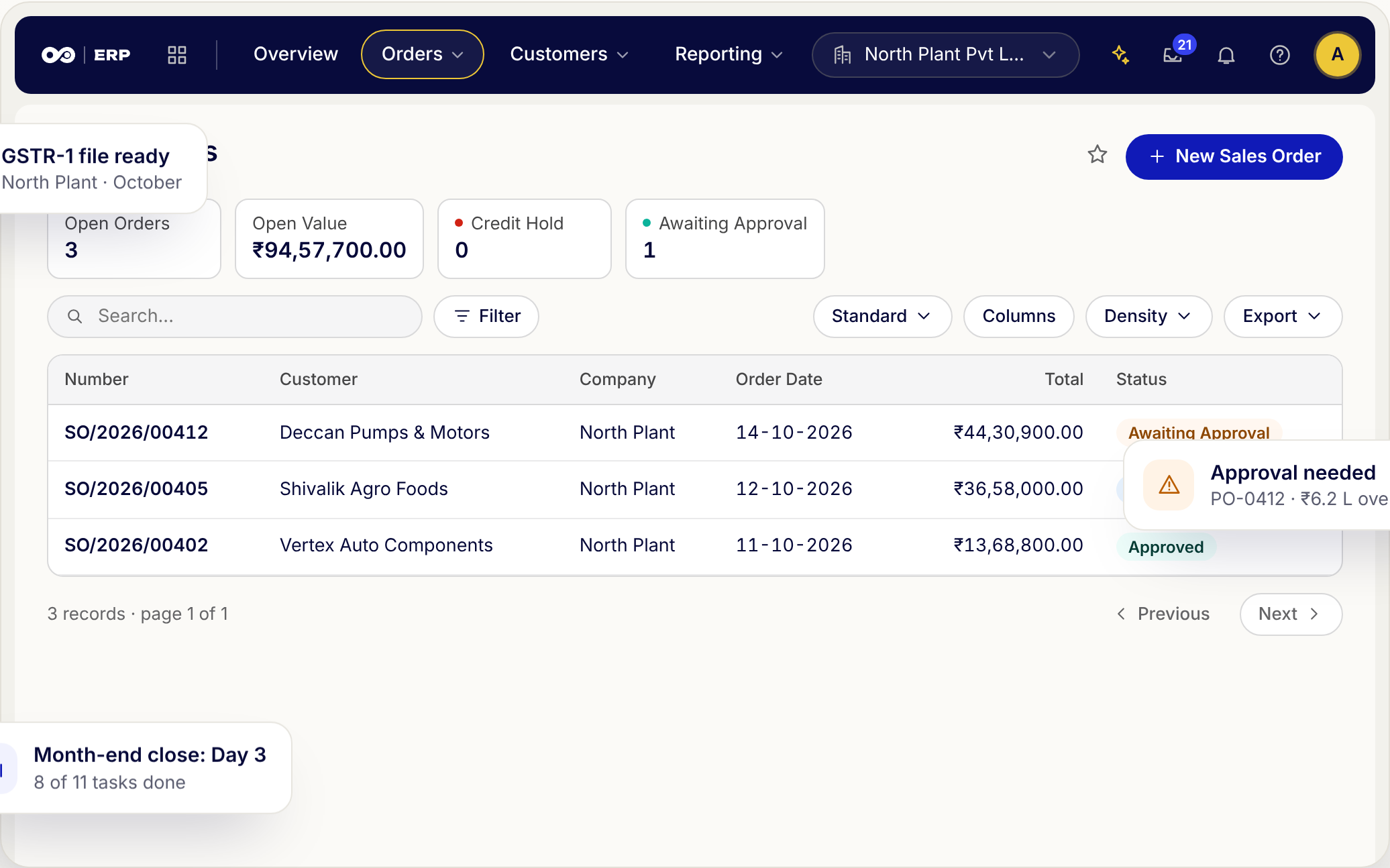 Droot ERP sales orders with order lines, GST and approvals